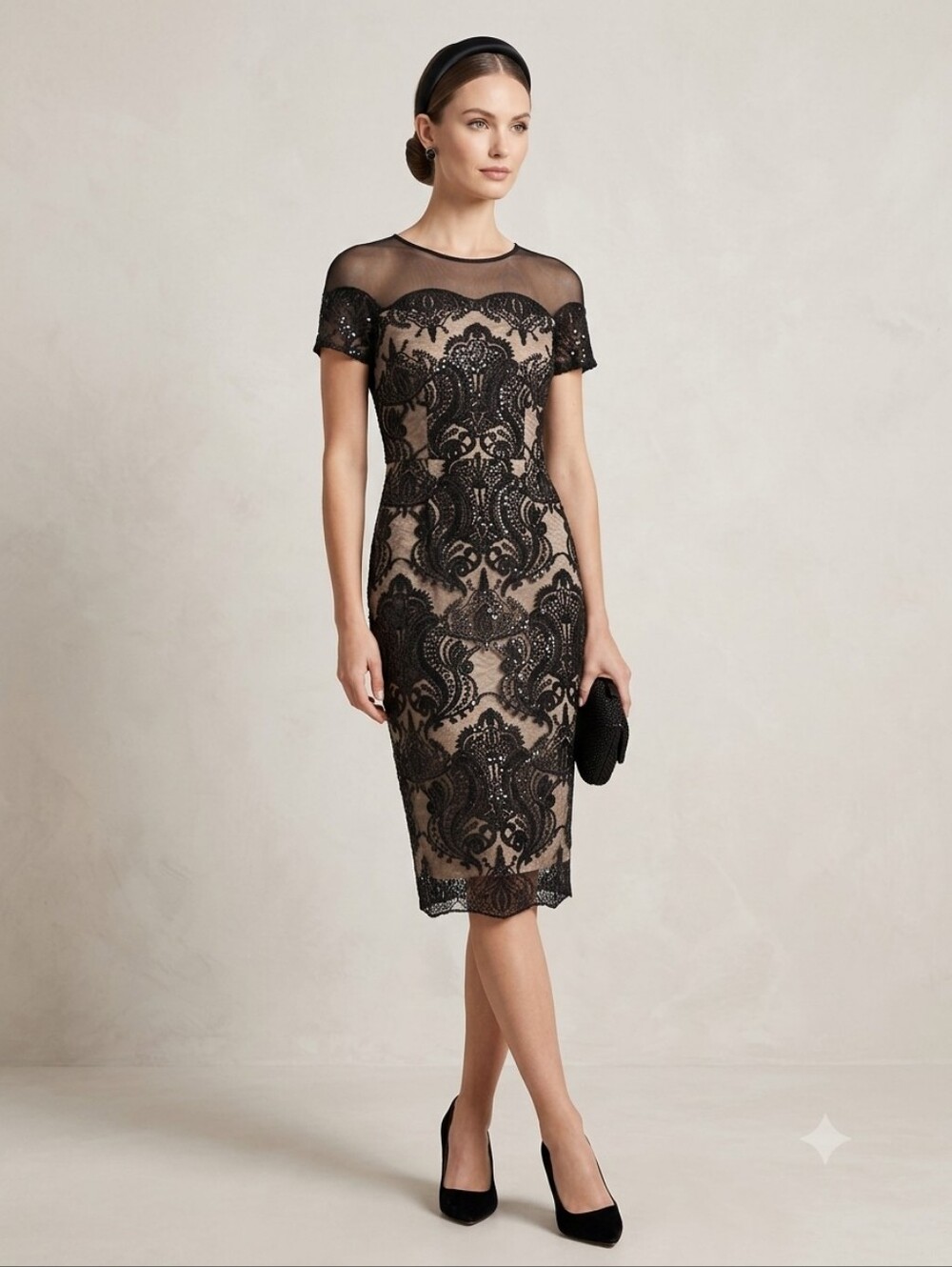 JAX Black Label - Black Lace Midi Dress with Nude Underlayment